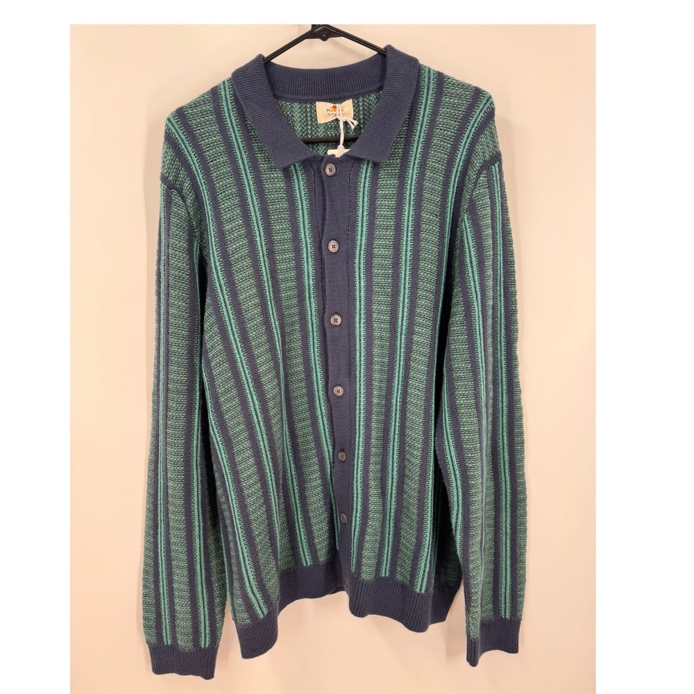 Marine Layer Arthur Sweater Button Down Cardigan Wool Blend Navy Green Stripe Lg